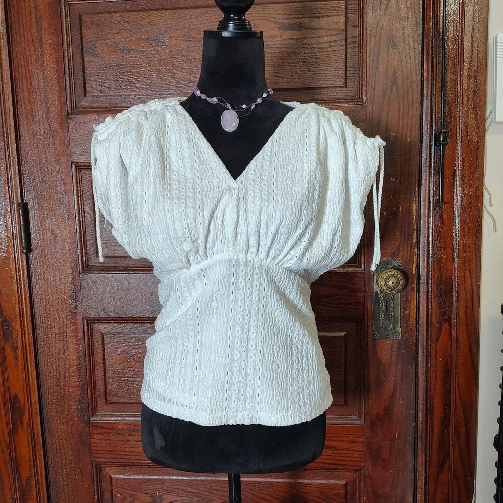 White Flutter Sleeves Ruched Peasant Blouse Wmns S/T772